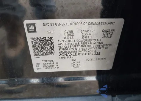 2019 Chevrolet Equinox Lt из США, поврежденный, VIN 2GNAXLEX5K6161338